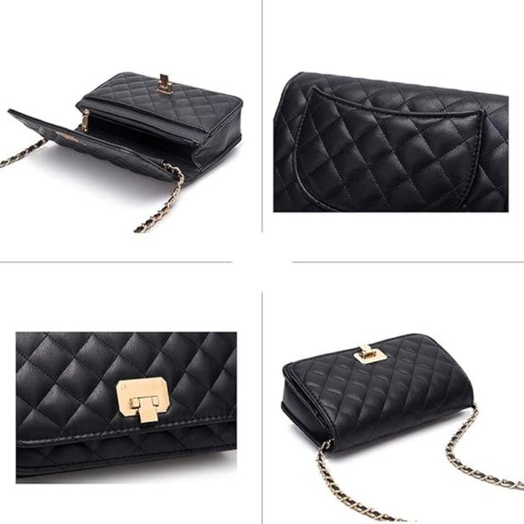 Women Black Quilted Purse Clutch Small Crossbody Shoulder Bag with Chain Strap. - Picture 8 of 10